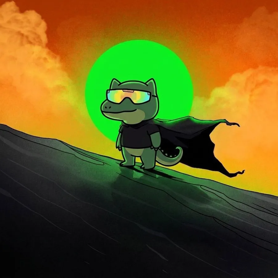 ANOXX in a cape on a ridge against a green sun
