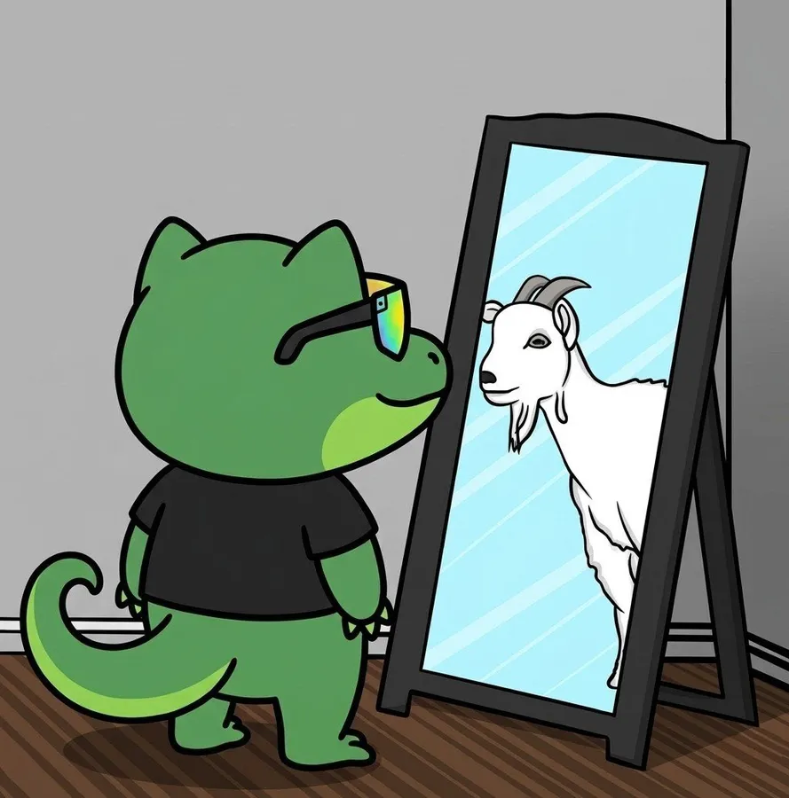 ANOXX looking into a mirror that shows a goat