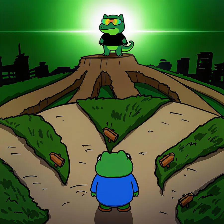 ANOXX on a hilltop as green beams rise over a city