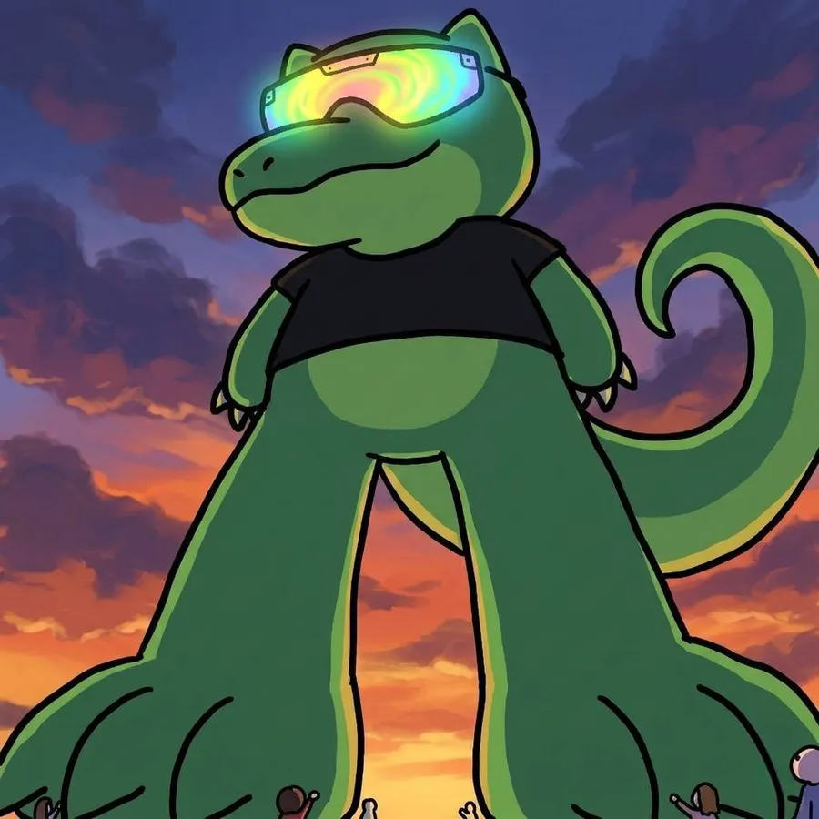 ANOXX standing kaiju-sized over a city at sunset